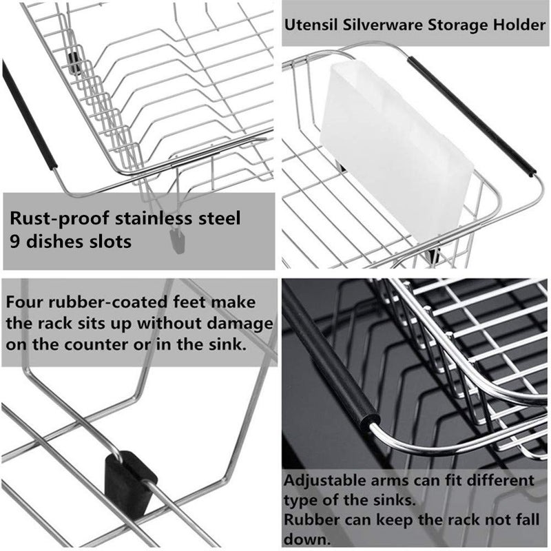 SANNO Large Expandable Dish Drying Rack Sink Dish Rack in Sink or On Counter, Dish Drainer Rustproof Stainless Steel with White Utensil Silverware Storage Holders - Image 4
